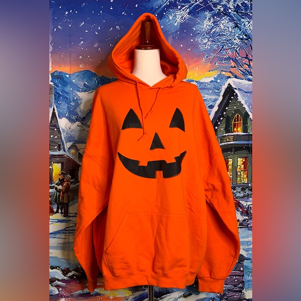 Halloween Hoodie Women - Men Funny Orange Pumpkin Face Sweatshirt Size 3XL NWOT